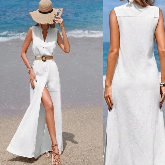 Casual button down sleeveless maxi dress white - Picture 2 of 2